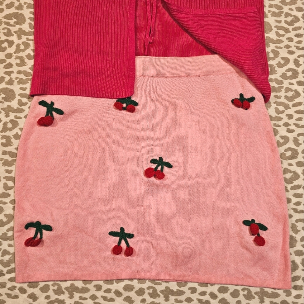 Sugar Thrillz Cherry Knit Pink Mini Skirt